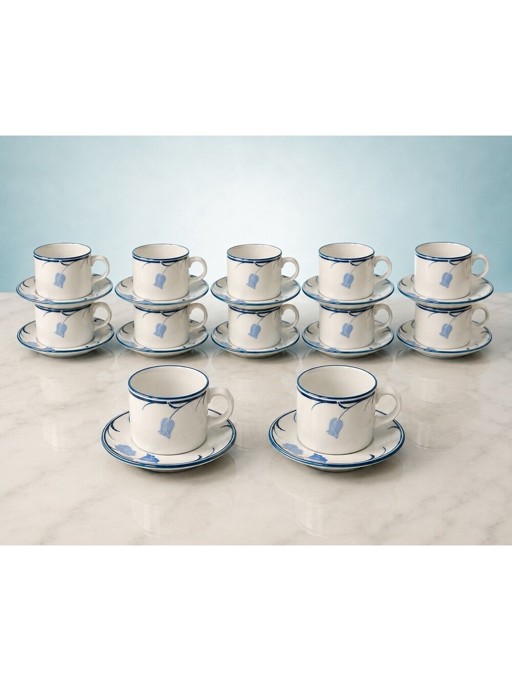 Dansk Tivoli 1980s Set Of 12 Cups & Saucers Belles Fleurs Porcelain Blue & White